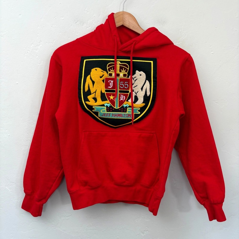Jeff Hamilton Embroidered Patch Hoodie Men Size XS Red Pullover Long Sleeve